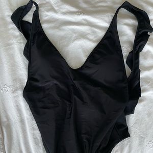 Black ruffle low back one piece bikini